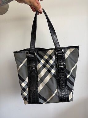 Burberry Black and Gray Plaid Patent-Trim Tote